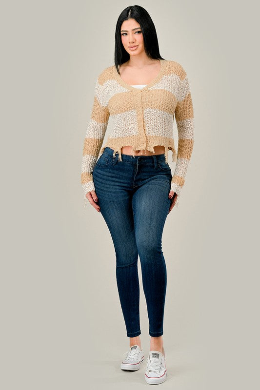 Frayed Cropped Striped Cardigan