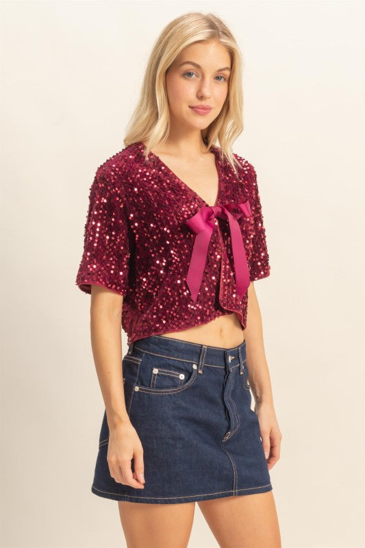 Noel Sequin Tie Crop Top