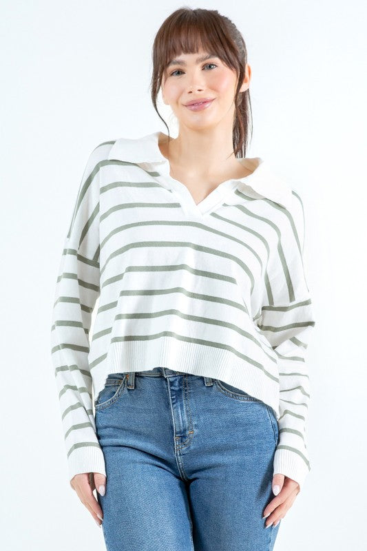 Green Striped Collared Pullover