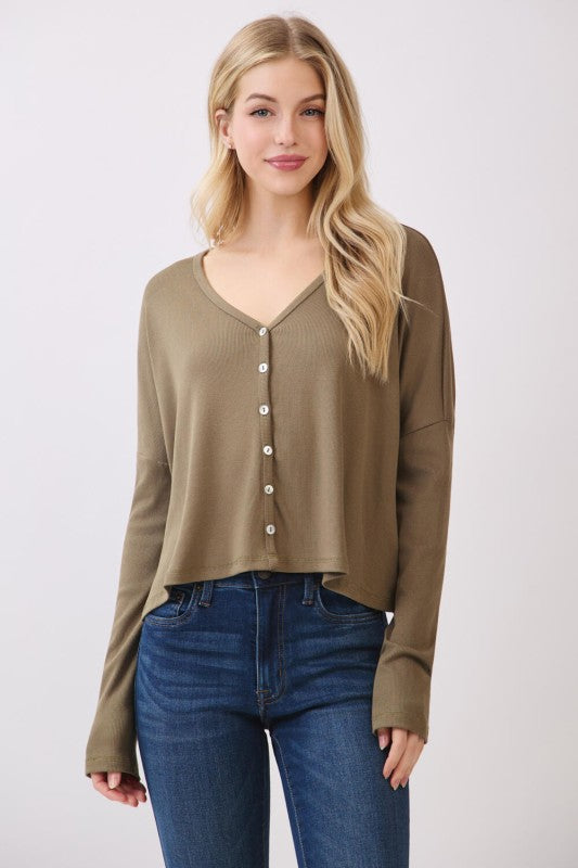 Olive Flow Ribbed Button Up Cardigan