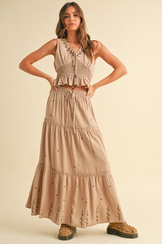 Embroidery Detail Tiered Skirt Mocha