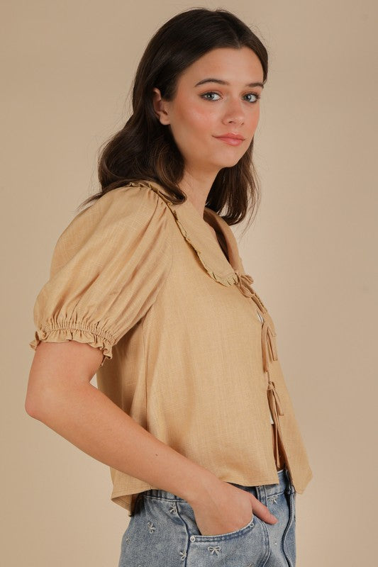Eyelet Trim Detail Puff Sleeve Blouse Tan