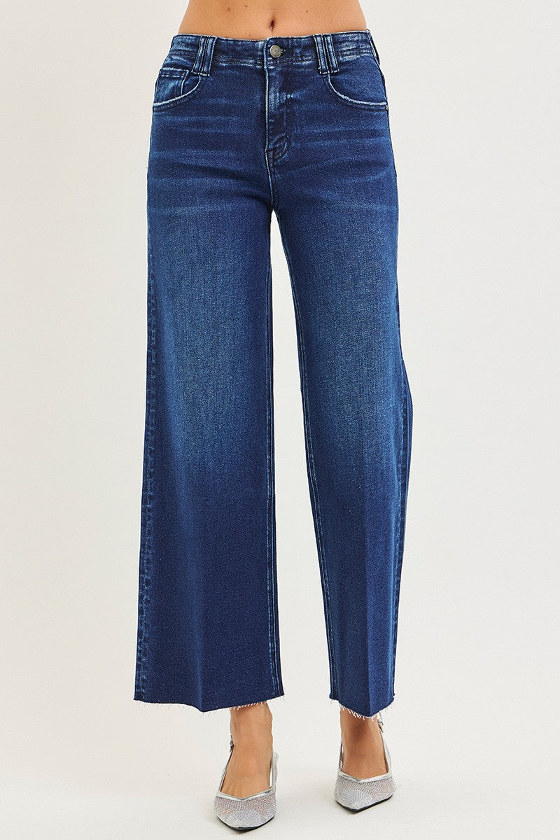 High Rise Ankle Wide Jeans With Crease Line Detail