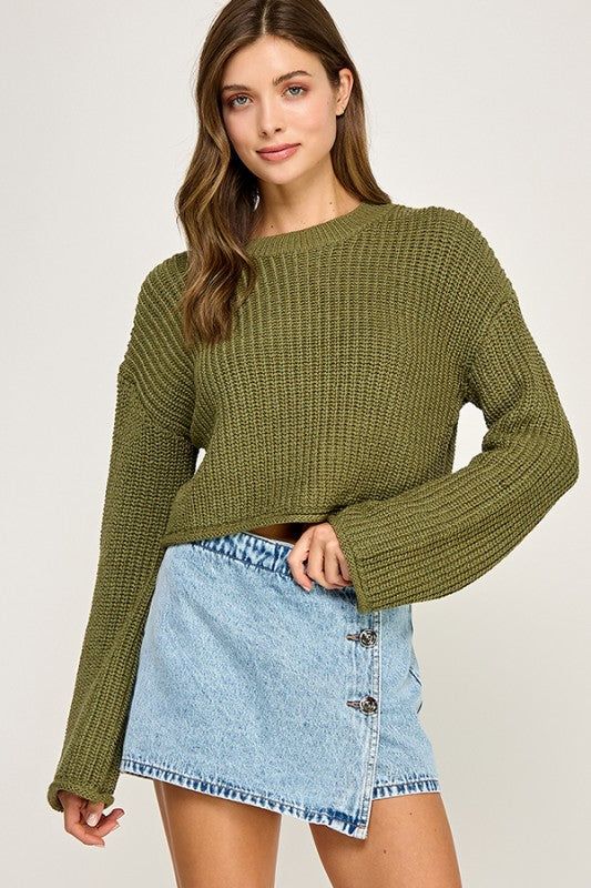 Olive Green Waffle Knit Cropped Sweater