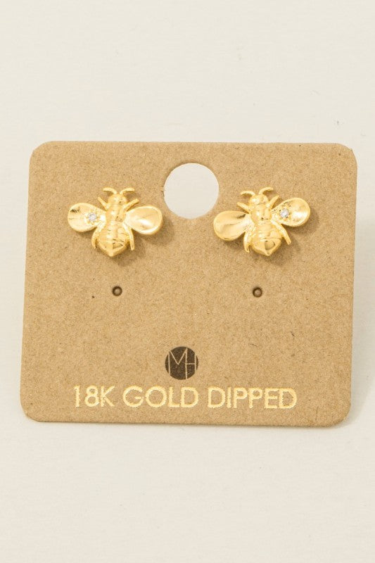 Gold Dipped Cz Bumble Bee Stud Earrings