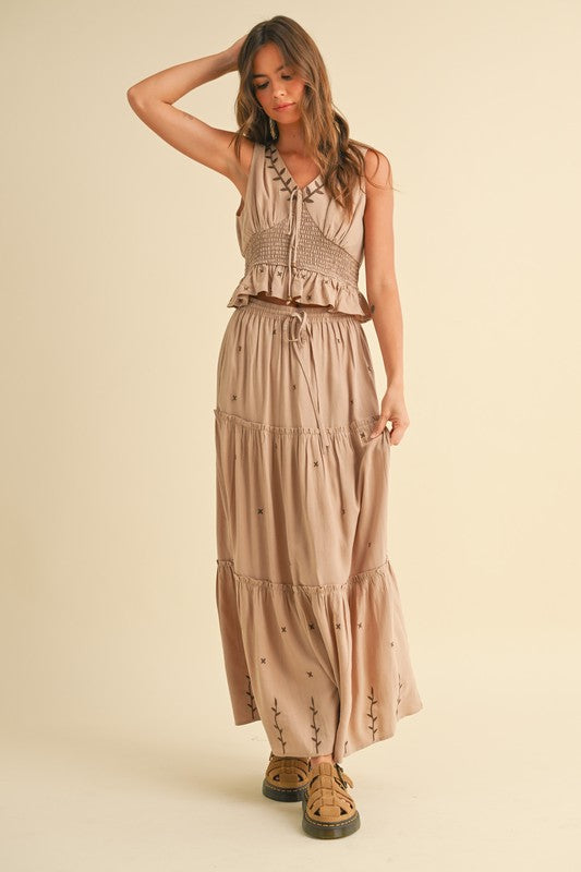 Embroidery Detail Tiered Skirt Mocha