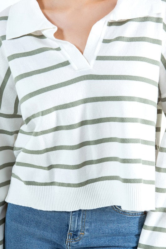 Green Striped Collared Pullover