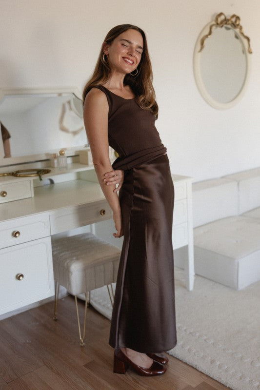 Mocha Moon Satin Midi Skirt