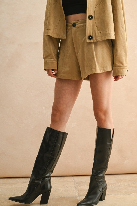 Pleated Suede Shorts