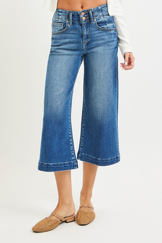 High Rise Crop Wide Double Button Detail Jeans