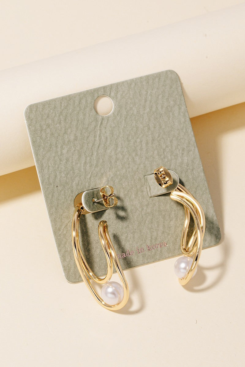 Pearl Stud Oval Wire Hoop Earrings
