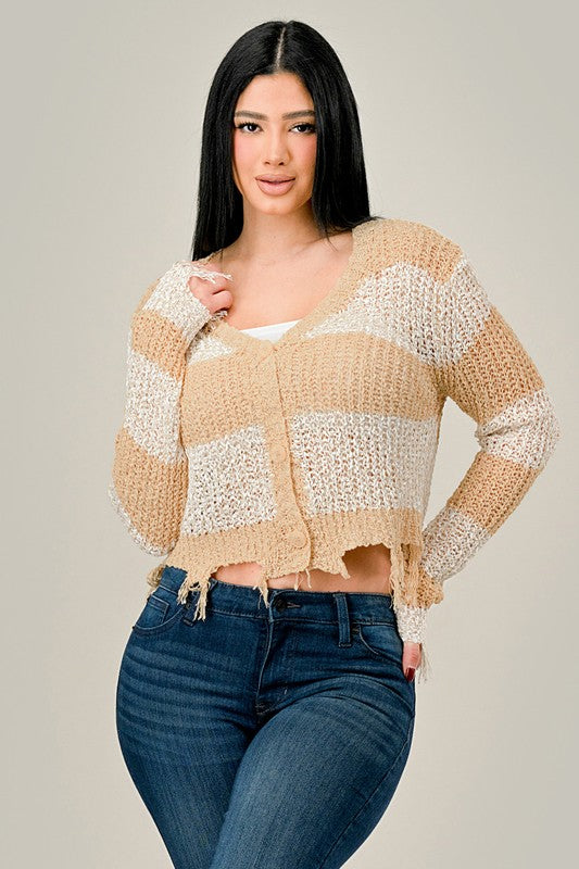 Frayed Cropped Striped Cardigan