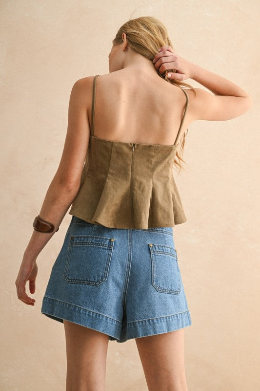 Suede Flared Bottom V-neck Top