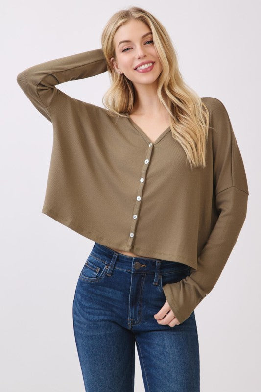 Olive Flow Ribbed Button Up Cardigan