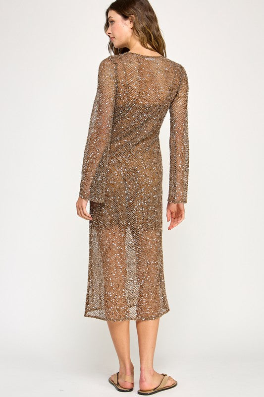 Sequin Brown V-Cut Midi Dress