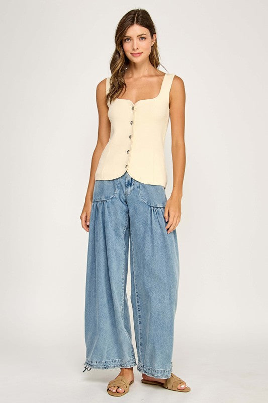 Sweetheart Neck Button Front Top