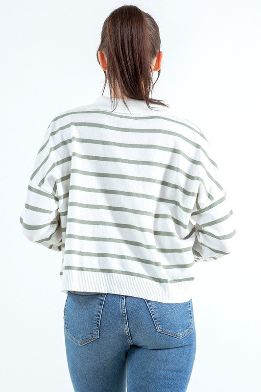 Green Striped Collared Pullover