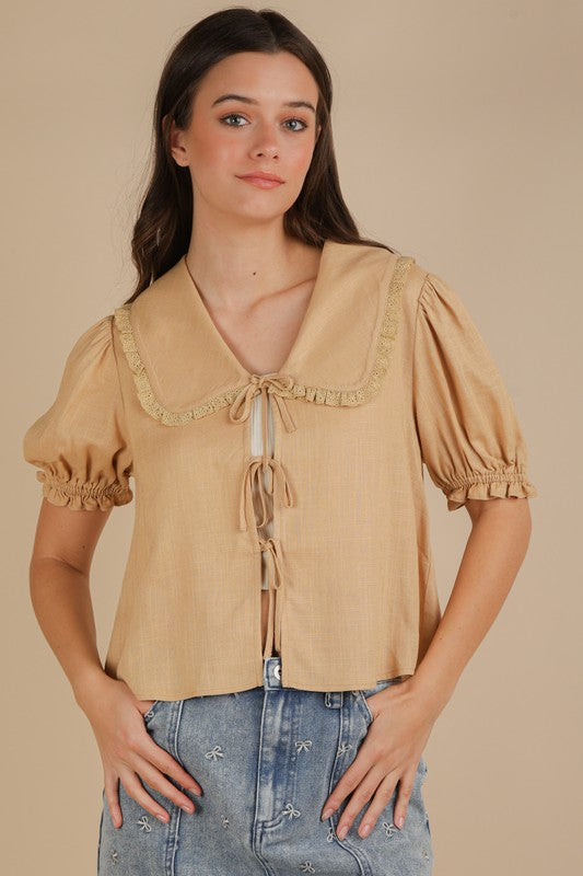 Eyelet Trim Detail Puff Sleeve Blouse Tan