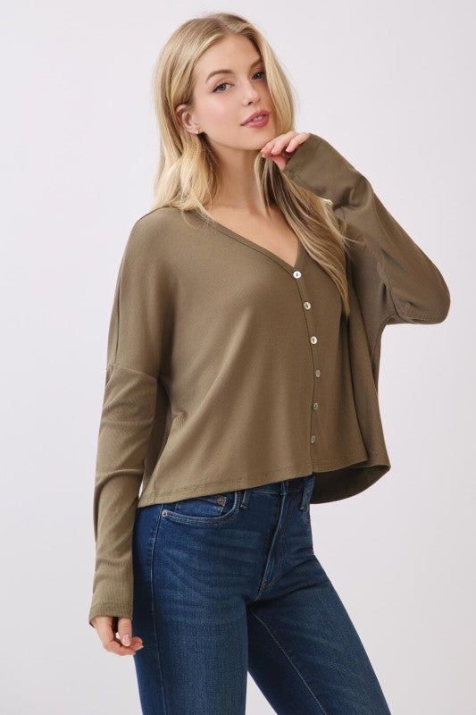 Olive Flow Ribbed Button Up Cardigan