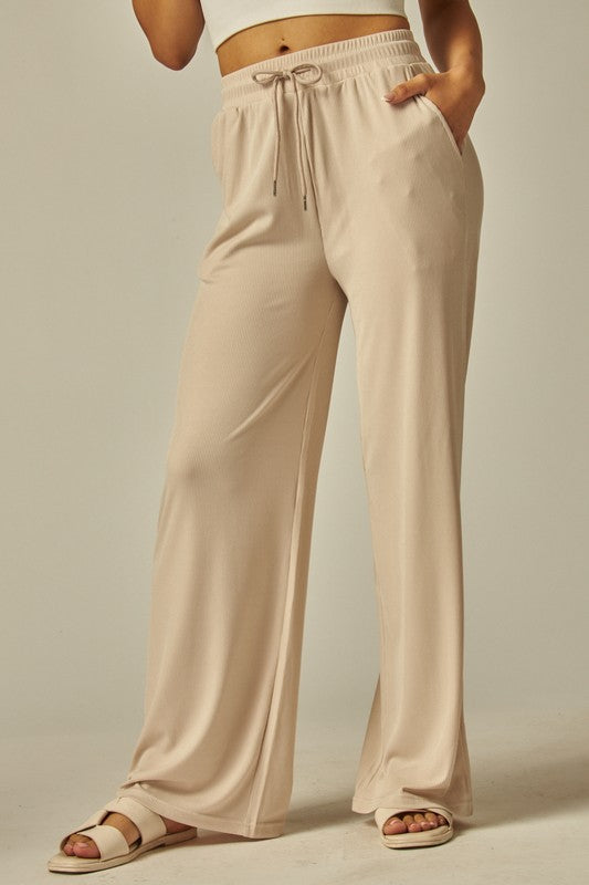 Tan Ribbed Wide Leg Pants