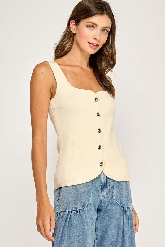 Sweetheart Neck Button Front Top