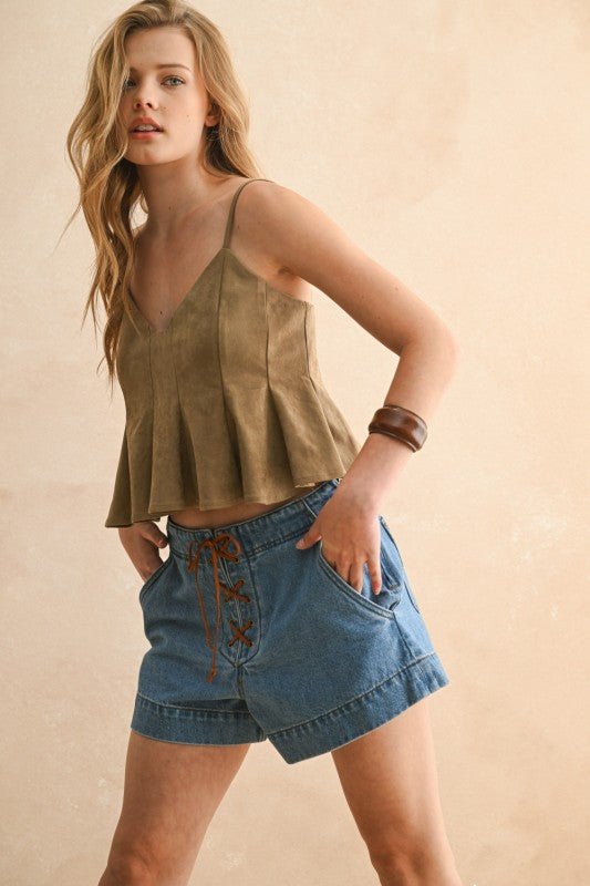 Suede Flared Bottom V-neck Top