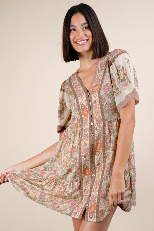 Floral Detail Printed Woven Mini Dress