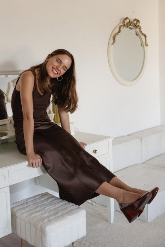 Mocha Moon Satin Midi Skirt