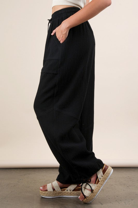 Wide Leg Gauze Solid Pants Black