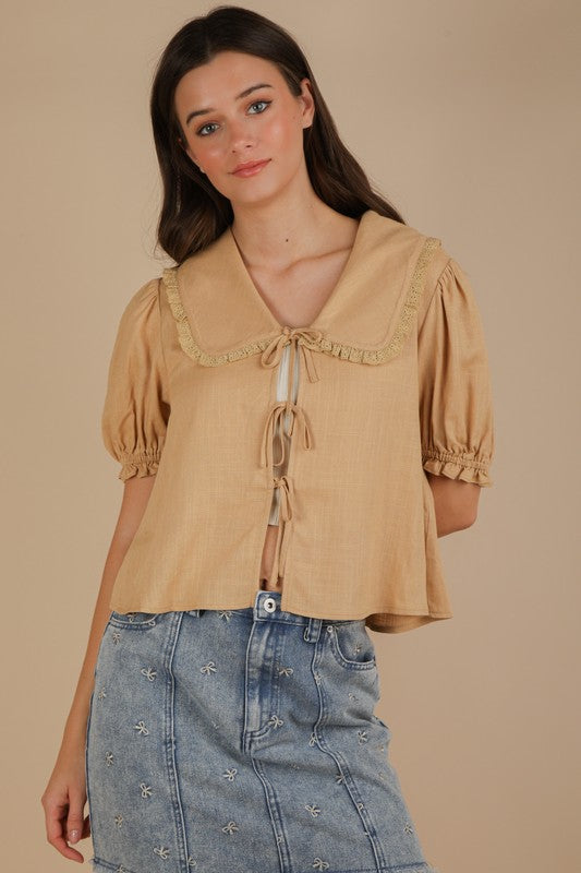 Eyelet Trim Detail Puff Sleeve Blouse Tan