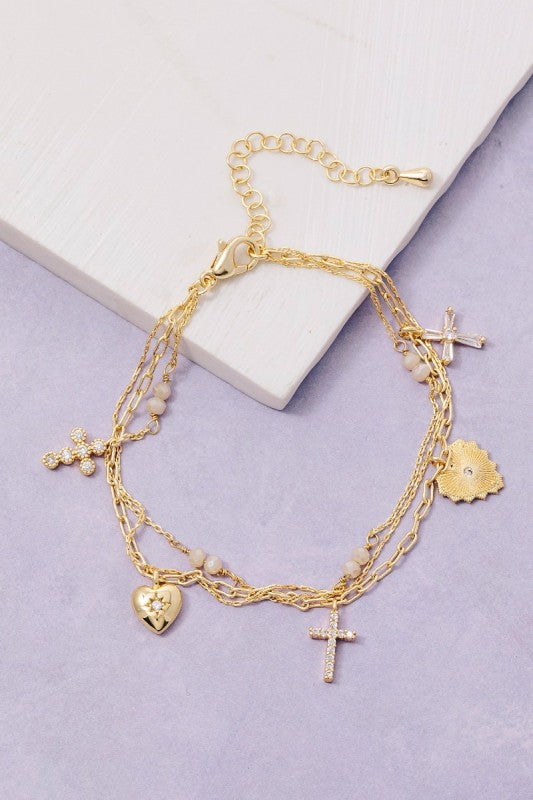 Gold Dipped Cross Heart Chain Bracelet