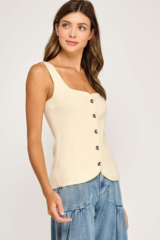 Sweetheart Neck Button Front Top