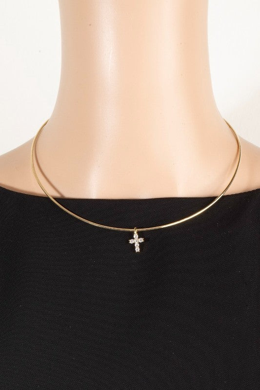 Gold Dipped Cz Studded Cross Pendant Choker Necklace