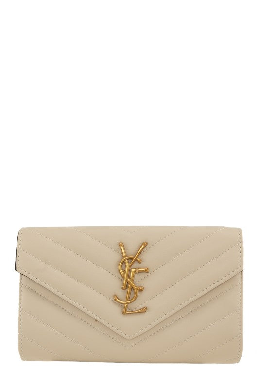 Metal Letter Engraved Chevron Quilted Handbag