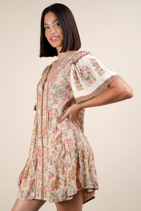 Floral Detail Printed Woven Mini Dress