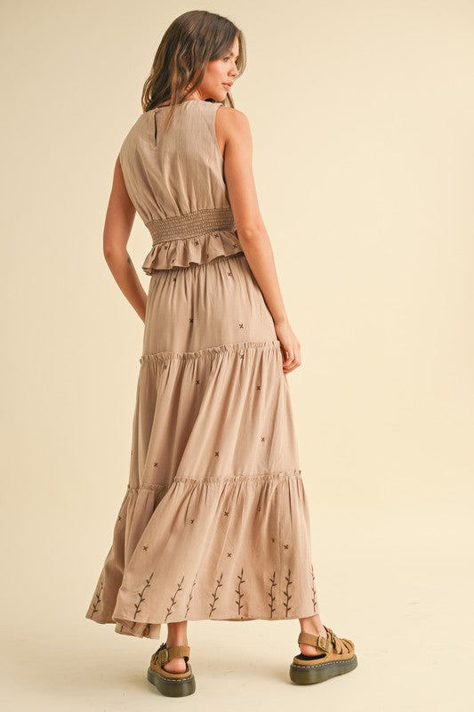 Embroidery Detail Tiered Skirt Mocha