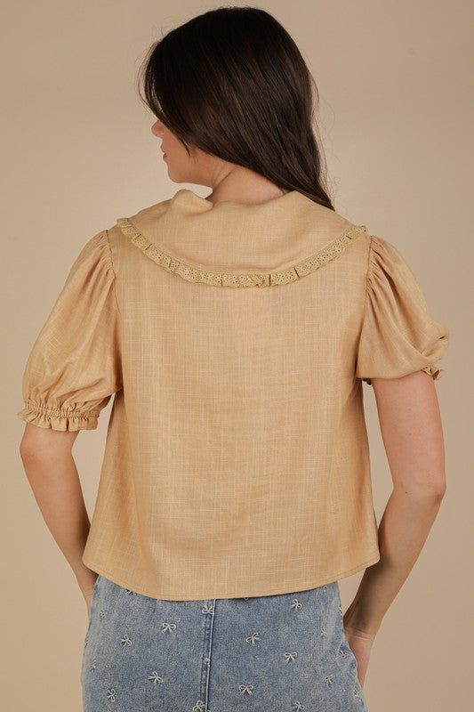 Eyelet Trim Detail Puff Sleeve Blouse Tan