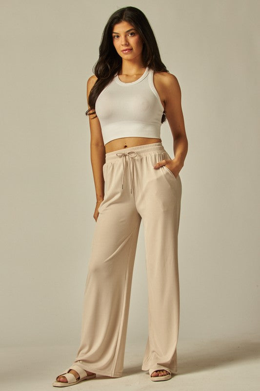 Tan Ribbed Wide Leg Pants