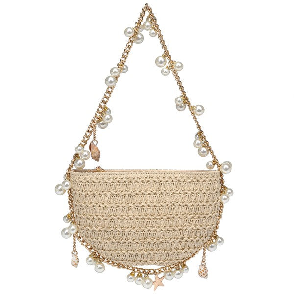 Seashell Star Pearl Dangle Straw Shoulder Bag