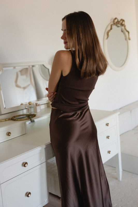 Mocha Moon Satin Midi Skirt