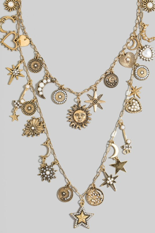 Studded Heart Moon Star And Coin Charms Statement Necklace