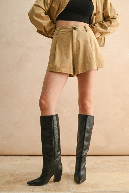 Pleated Suede Shorts
