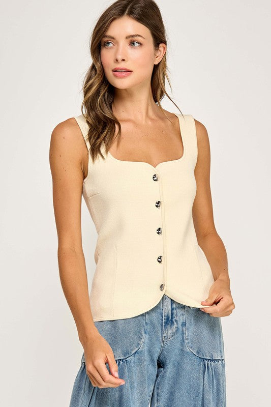 Sweetheart Neck Button Front Top
