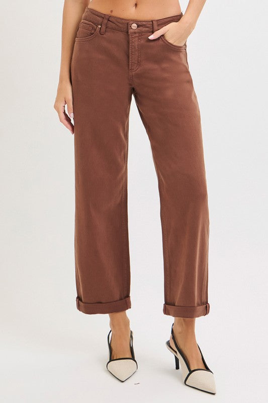 Tummy Control Mid Rise Ankle Barrel Relaxed Baggy Jeans