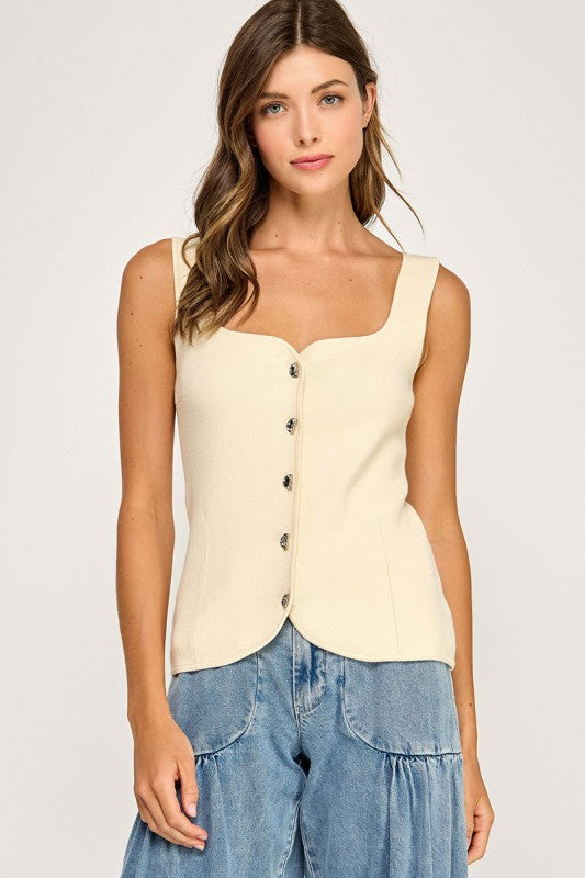 Sweetheart Neck Button Front Top