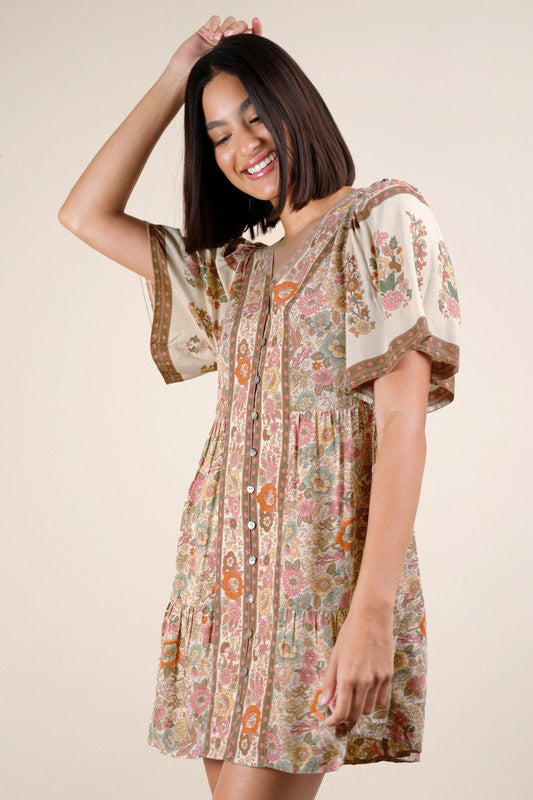 Floral Detail Printed Woven Mini Dress