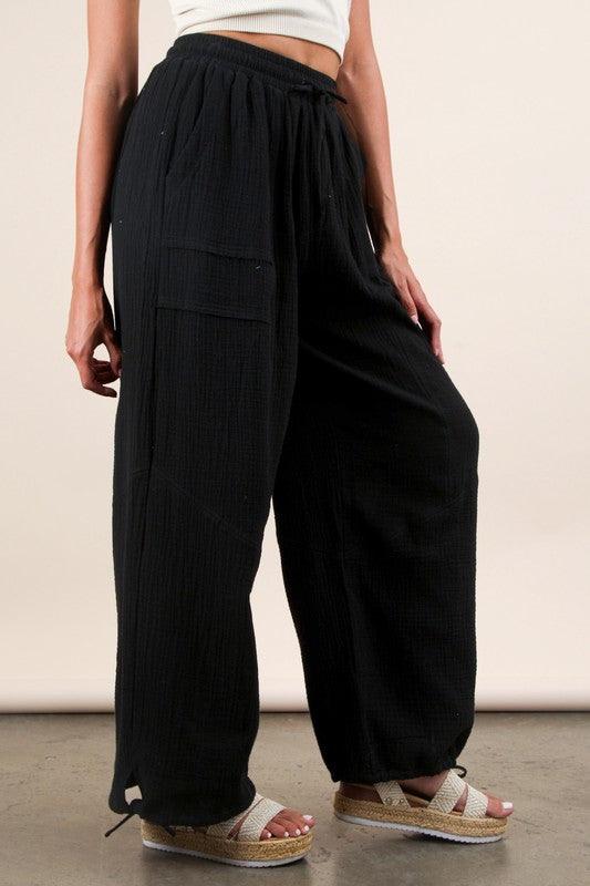 Wide Leg Gauze Solid Pants Black