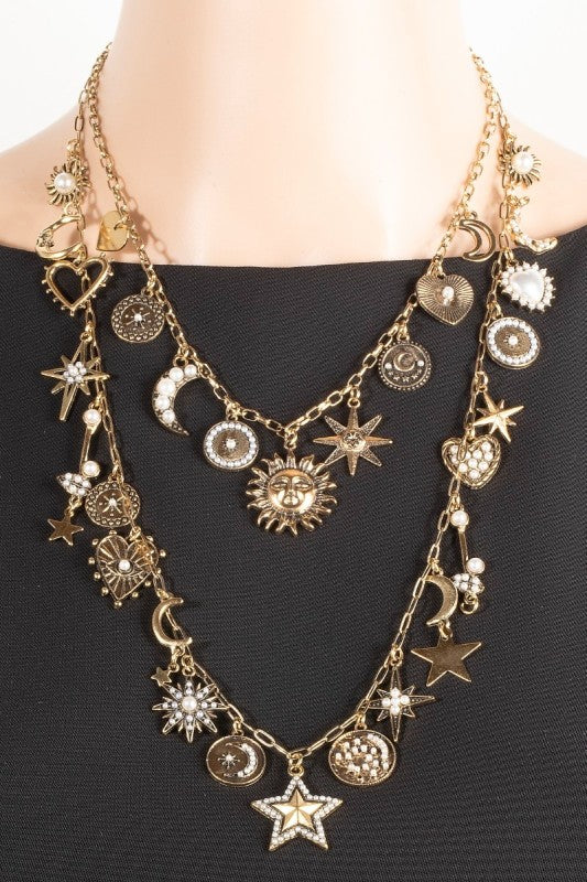 Studded Heart Moon Star And Coin Charms Statement Necklace