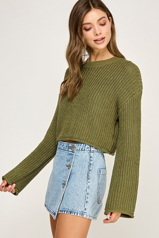 Olive Green Waffle Knit Cropped Sweater