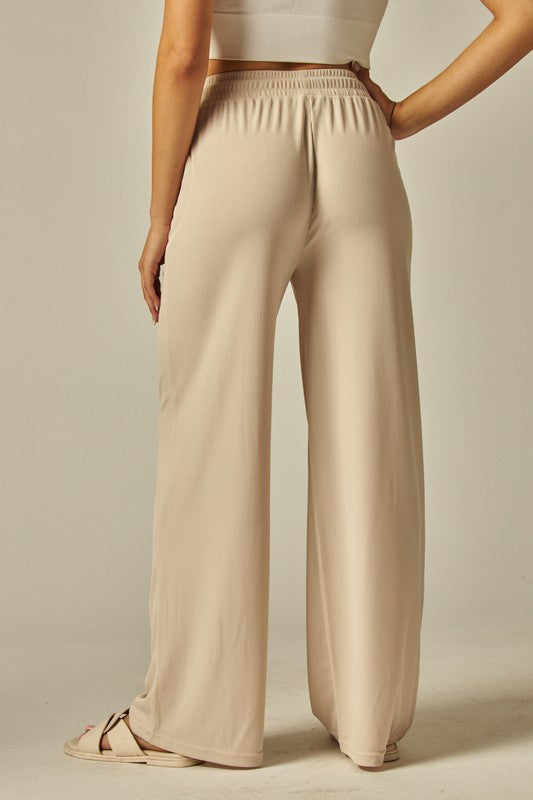 Tan Ribbed Wide Leg Pants